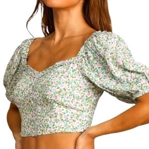 Lulu's Floral Ruffled Puff Sleeves Cropped Top